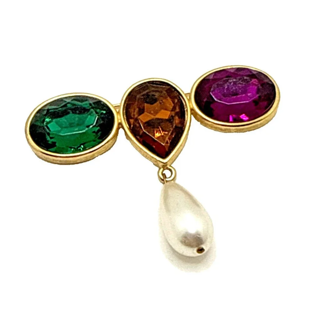 Vintage Rhinestone Gold Tone Bar Brooch Art Deco Chunky Green Amber Purple 3